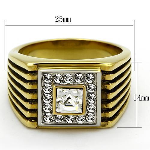 Men's stainless steel ring with synthetic crystal and two-tone gold finish, showcasing elegance and durability.