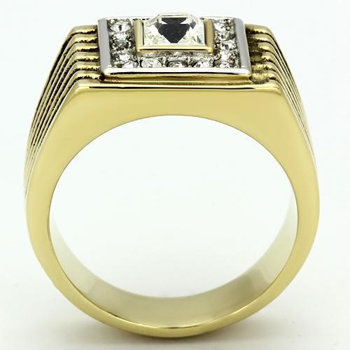 Men's stainless steel ring with synthetic crystal and two-tone gold finish, showcasing elegance and durability.