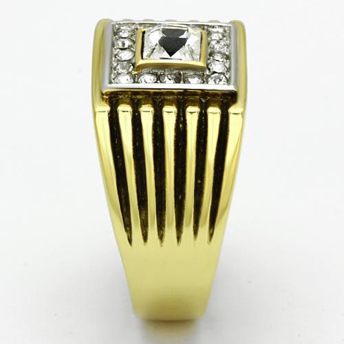 Men's stainless steel ring with synthetic crystal and two-tone gold finish, showcasing elegance and durability.