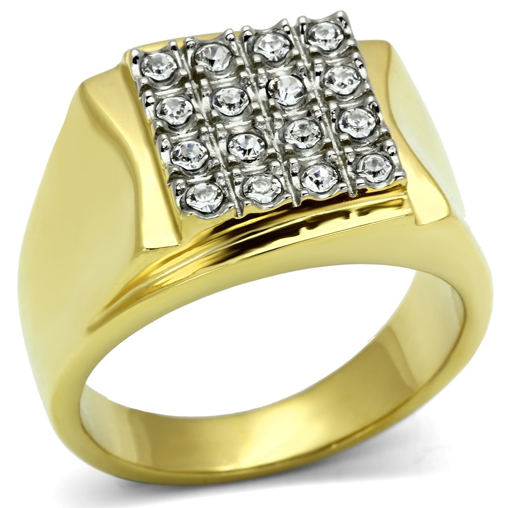 Men's stainless steel ring with two-tone gold finish and clear synthetic crystal, showcasing a modern round design.