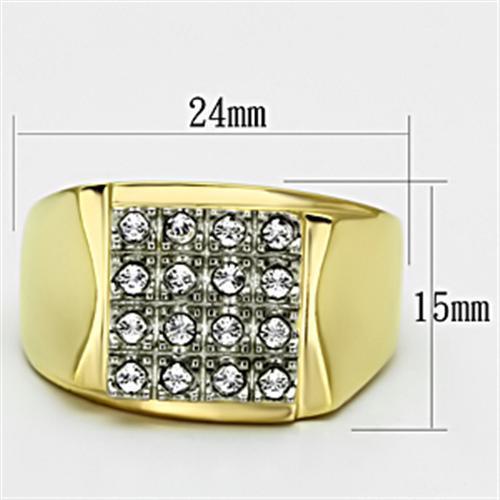 Men's stainless steel ring with two-tone gold finish and clear synthetic crystal, showcasing a modern round design.