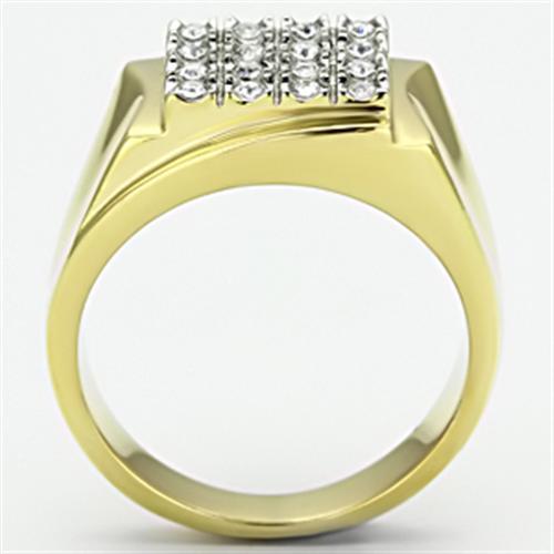 Men's stainless steel ring with two-tone gold finish and clear synthetic crystal, showcasing a modern round design.