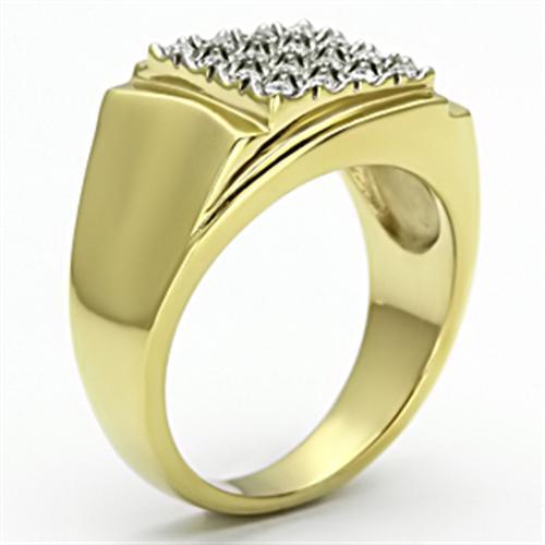 Men's stainless steel ring with two-tone gold finish and clear synthetic crystal, showcasing a modern round design.