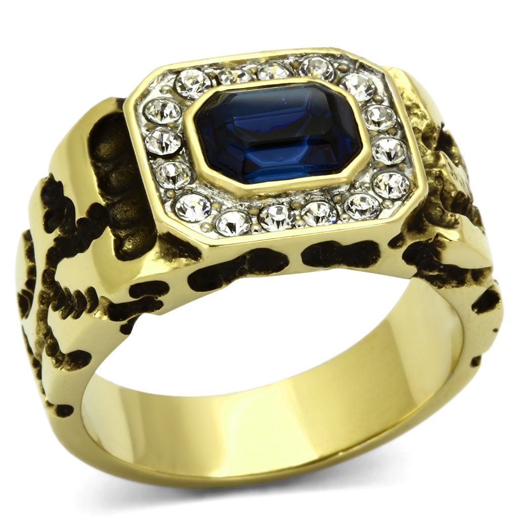 Men's stainless steel ring with synthetic crystal and two-tone gold finish, showcasing elegance and durability.