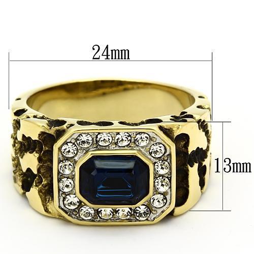 Men's stainless steel ring with synthetic crystal and two-tone gold finish, showcasing elegance and durability.