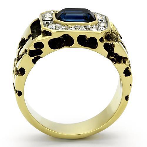 Men's stainless steel ring with synthetic crystal and two-tone gold finish, showcasing elegance and durability.