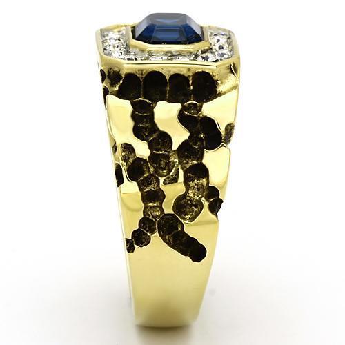 Men's stainless steel ring with synthetic crystal and two-tone gold finish, showcasing elegance and durability.