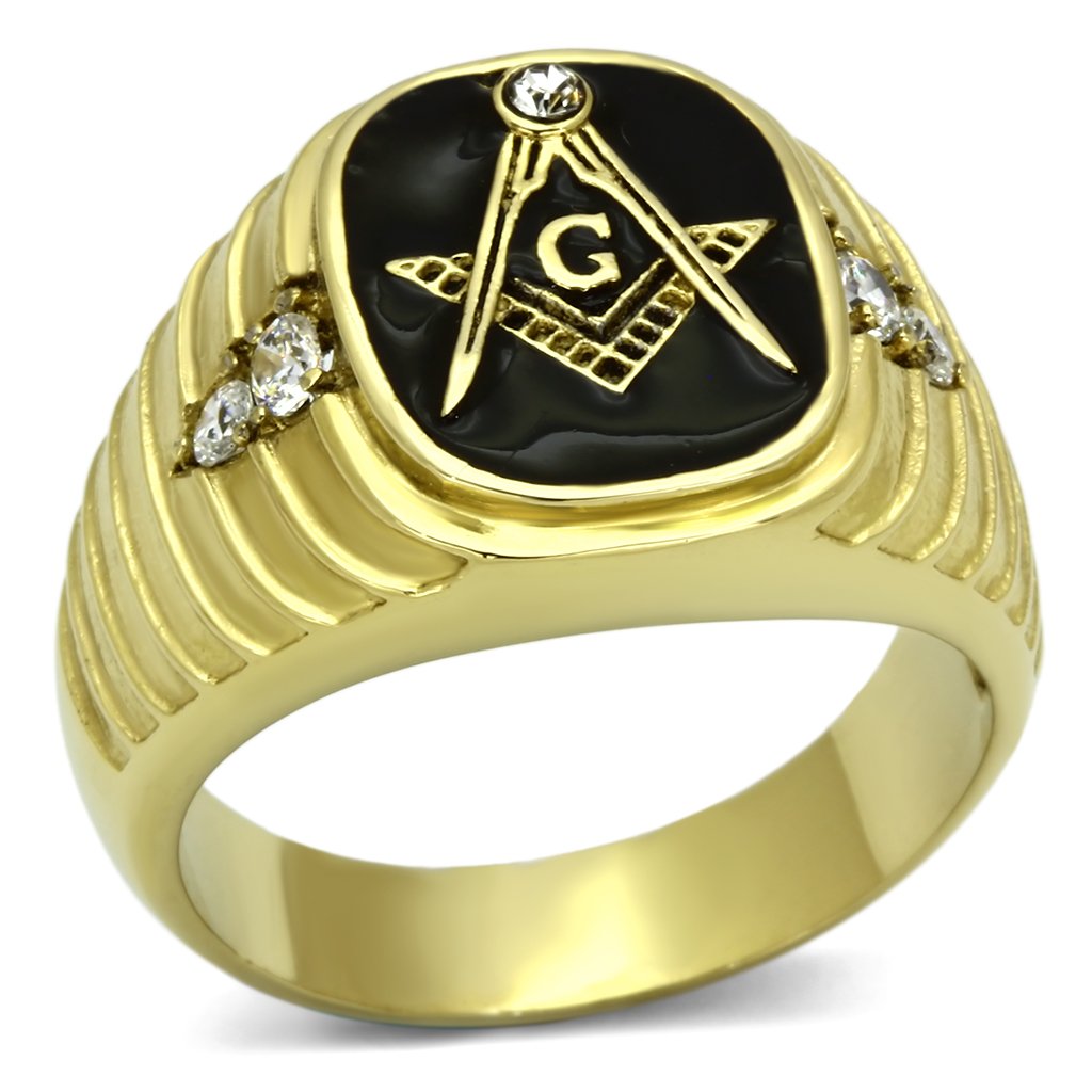 Men's stainless steel ring with synthetic crystal and IP gold plating, showcasing a clear and elegant design.