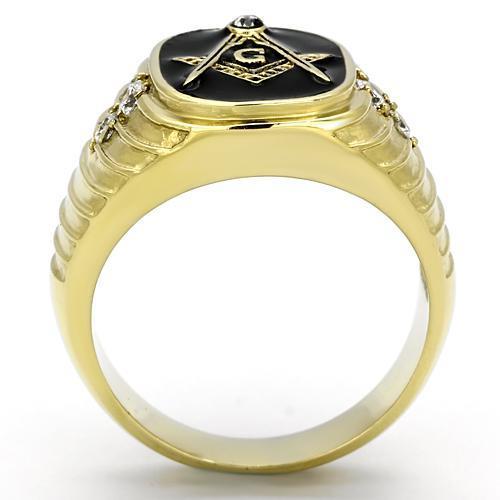 Men's stainless steel ring with synthetic crystal and IP gold plating, showcasing a clear and elegant design.