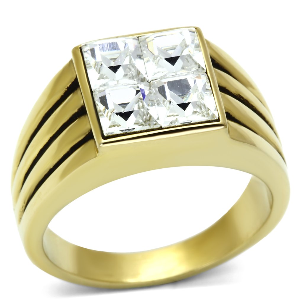 Men's stainless steel ring with synthetic crystal and IP gold ion plating, showcasing a sleek and elegant design.