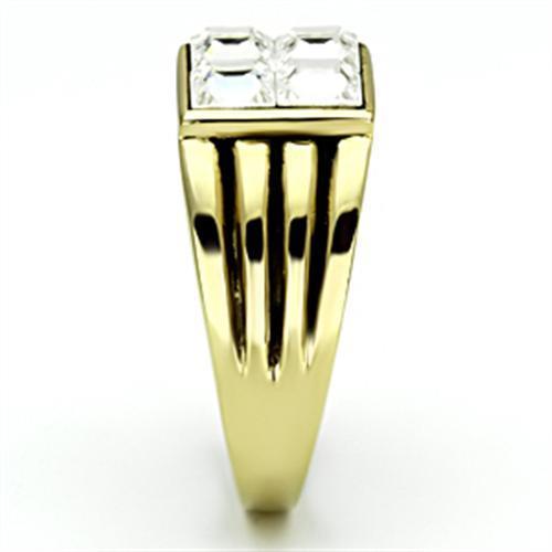 Men's stainless steel ring with synthetic crystal and IP gold ion plating, showcasing a sleek and elegant design.