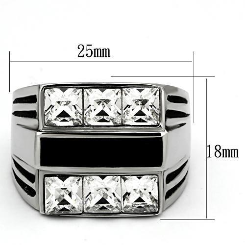 Men's stainless steel ring featuring a clear synthetic crystal centerpiece, high-polished finish for a sleek look.