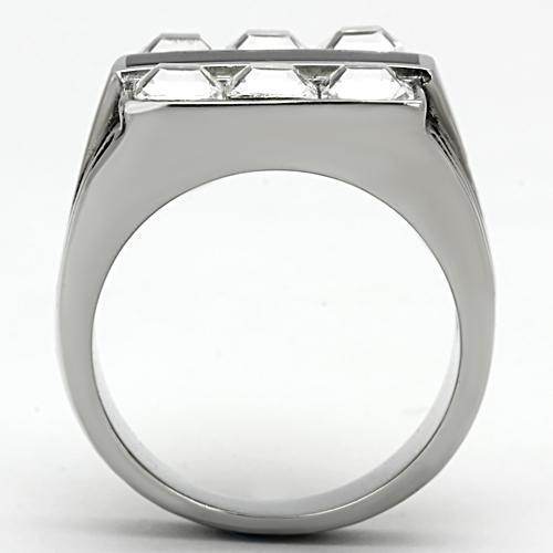 Men's stainless steel ring featuring a clear synthetic crystal centerpiece, high-polished finish for a sleek look.