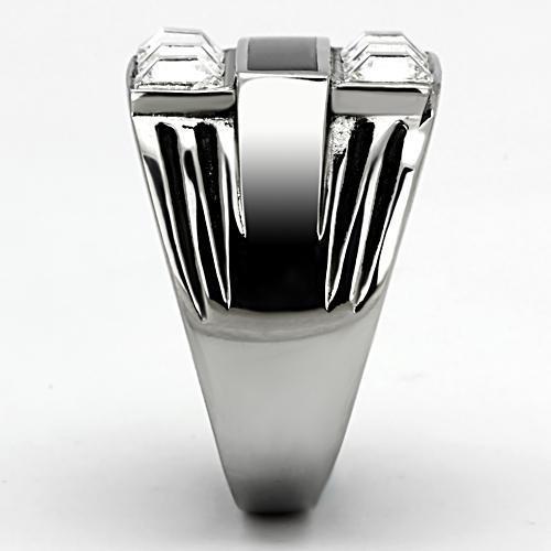 Men's stainless steel ring featuring a clear synthetic crystal centerpiece, high-polished finish for a sleek look.