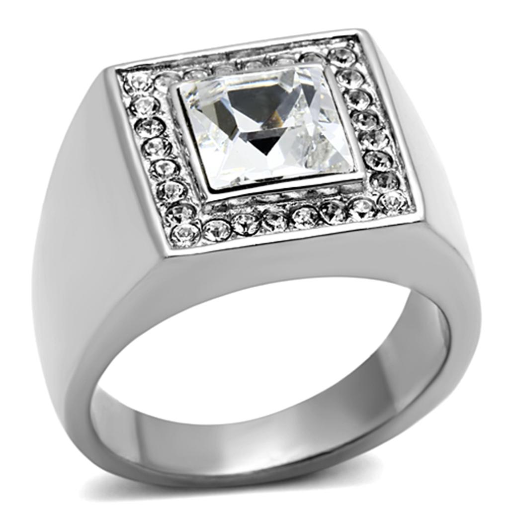 Men's stainless steel ring featuring a clear round synthetic crystal, high-polished finish, and sleek design.