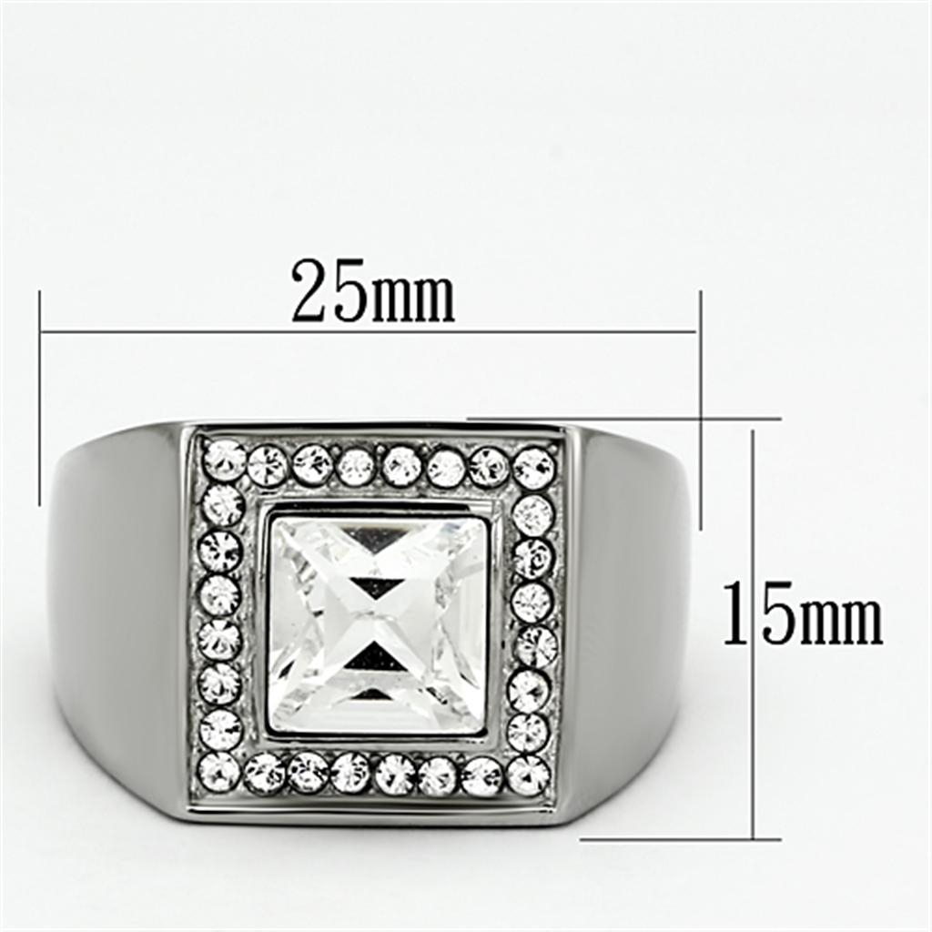 Men's stainless steel ring featuring a clear round synthetic crystal, high-polished finish, and sleek design.