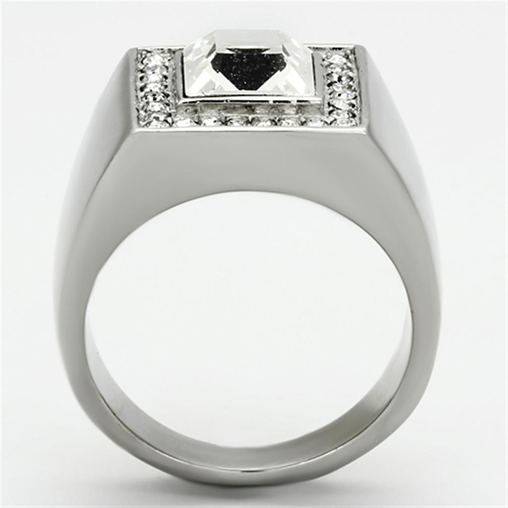 Men's stainless steel ring featuring a clear round synthetic crystal, high-polished finish, and sleek design.