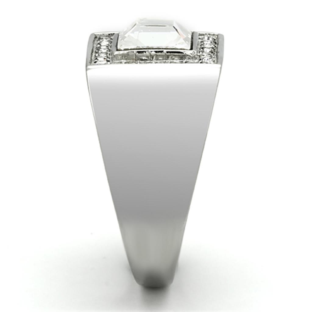 Men's stainless steel ring featuring a clear round synthetic crystal, high-polished finish, and sleek design.