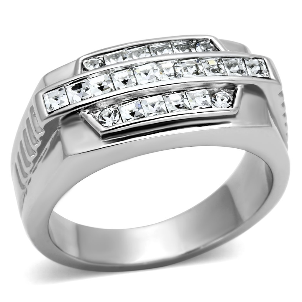 Men's stainless steel ring featuring a clear synthetic crystal centerpiece, high-polished finish, and modern design.