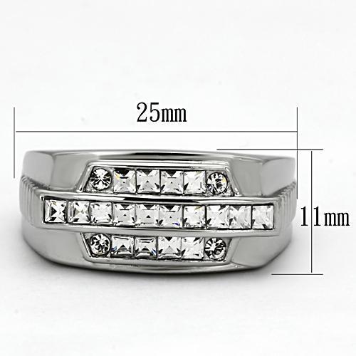 Men's stainless steel ring featuring a clear synthetic crystal centerpiece, high-polished finish, and modern design.