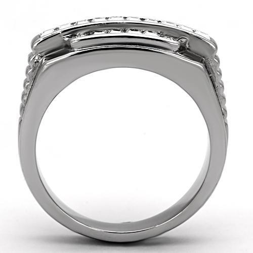 Men's stainless steel ring featuring a clear synthetic crystal centerpiece, high-polished finish, and modern design.