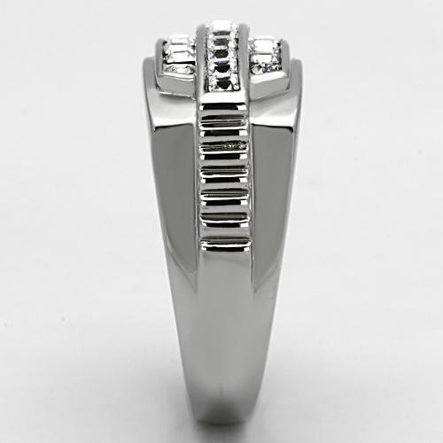 Men's stainless steel ring featuring a clear synthetic crystal centerpiece, high-polished finish, and modern design.