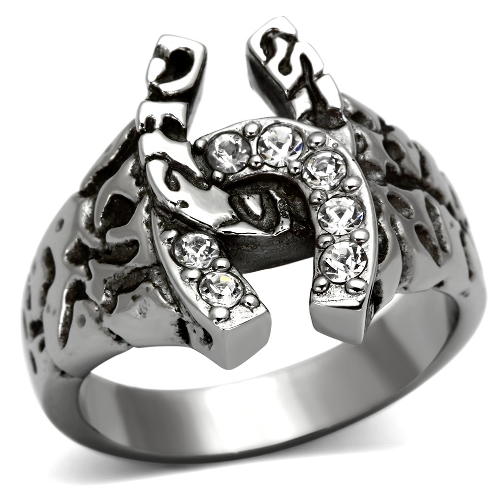 Men's stainless steel ring featuring a high-polished finish and a clear round synthetic crystal centerpiece.