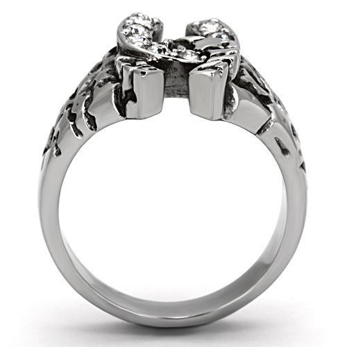 Men's stainless steel ring featuring a high-polished finish and a clear round synthetic crystal centerpiece.