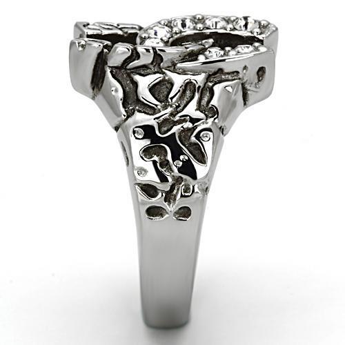 Men's stainless steel ring featuring a high-polished finish and a clear round synthetic crystal centerpiece.