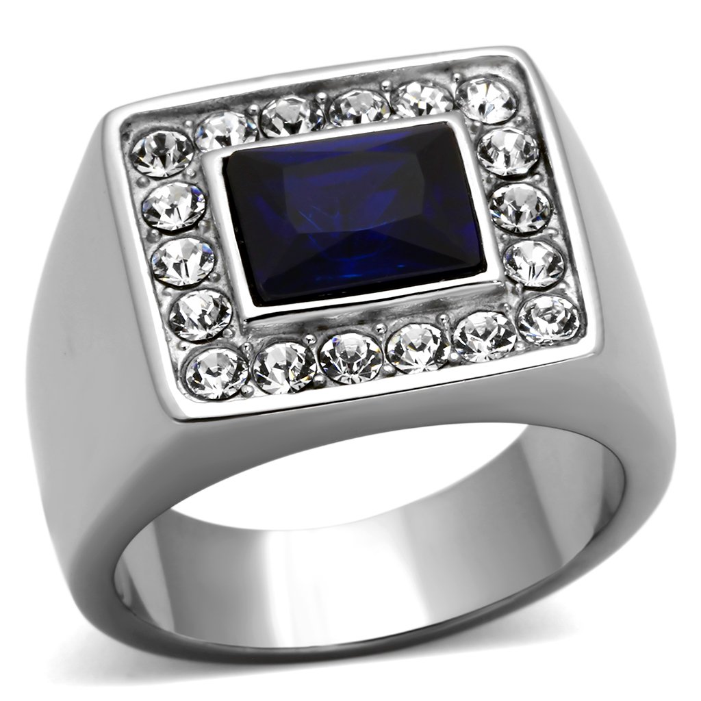 Men's stainless steel ring with synthetic Montana glass, high polished finish, stylish and durable design.