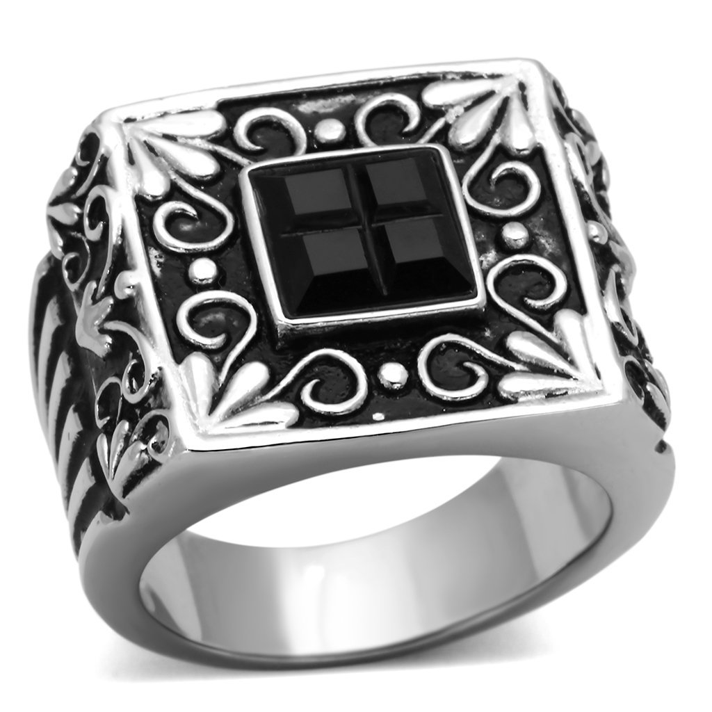 Men's stainless steel ring with synthetic jet glass, high-polished finish, stylish and modern design.