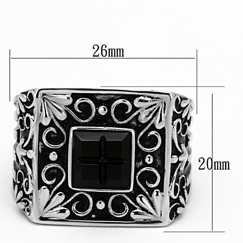 Men's stainless steel ring with synthetic jet glass, high-polished finish, stylish and modern design.