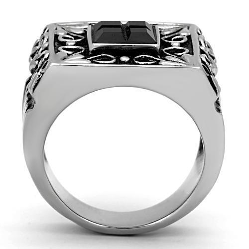 Men's stainless steel ring with synthetic jet glass, high-polished finish, stylish and modern design.