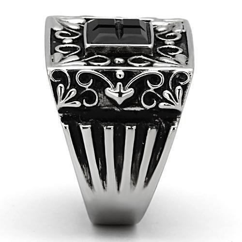 Men's stainless steel ring with synthetic jet glass, high-polished finish, stylish and modern design.