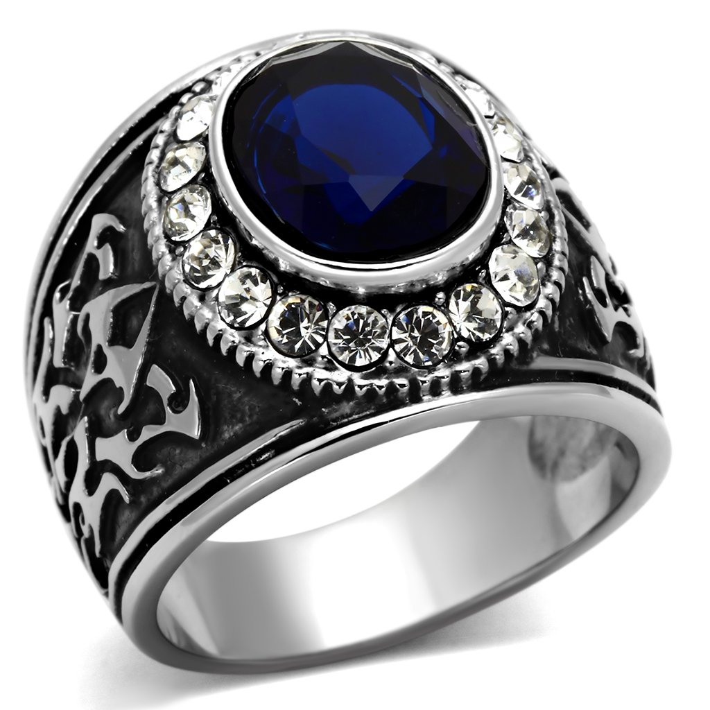 Men's stainless steel ring featuring synthetic Montana glass, high polished finish, stylish and durable design.