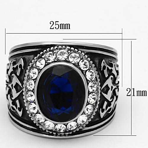 Men's stainless steel ring featuring synthetic Montana glass, high polished finish, stylish and durable design.