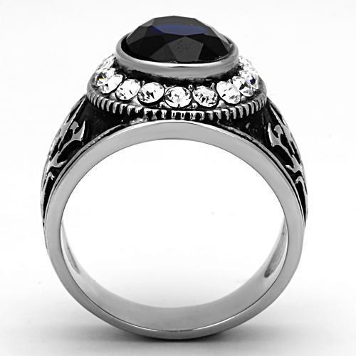 Men's stainless steel ring featuring synthetic Montana glass, high polished finish, stylish and durable design.