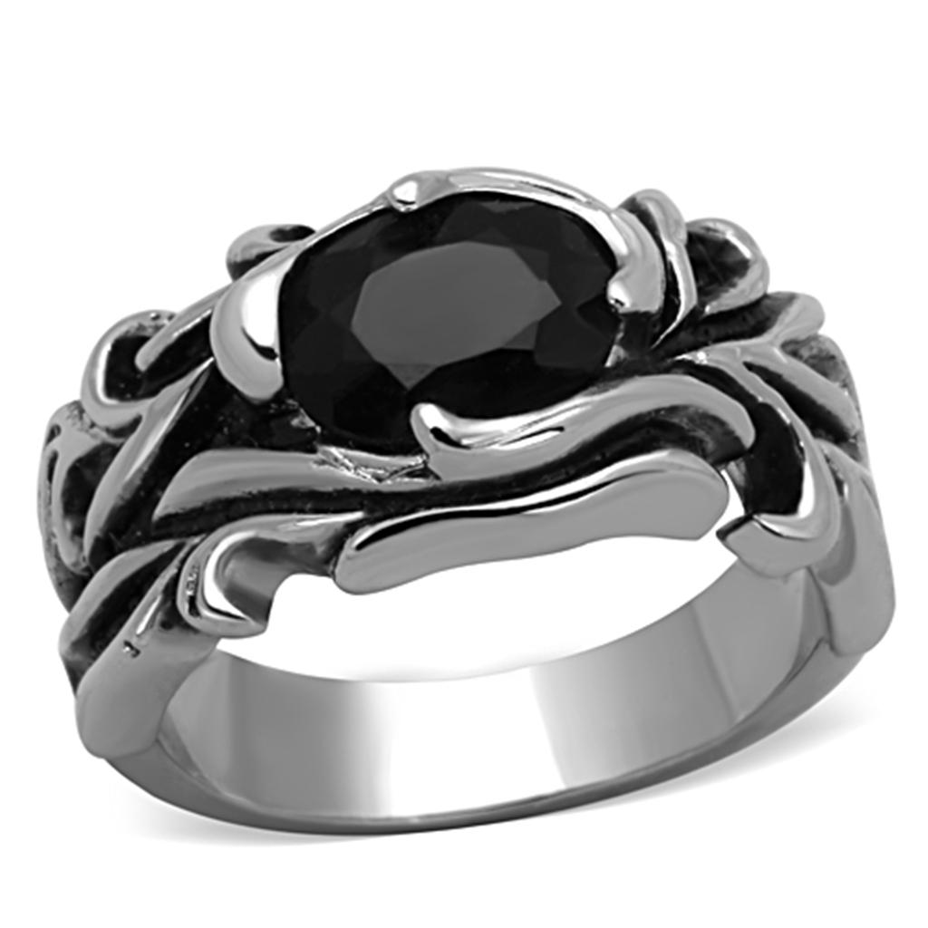 Men's stainless steel ring with synthetic glass, high polished finish, jet black color.