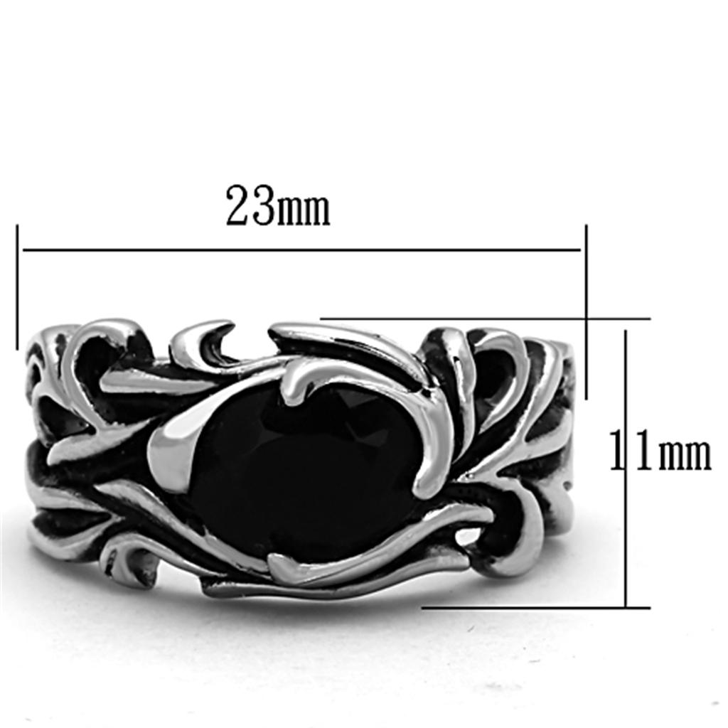 Men's stainless steel ring with synthetic glass, high polished finish, jet black color.