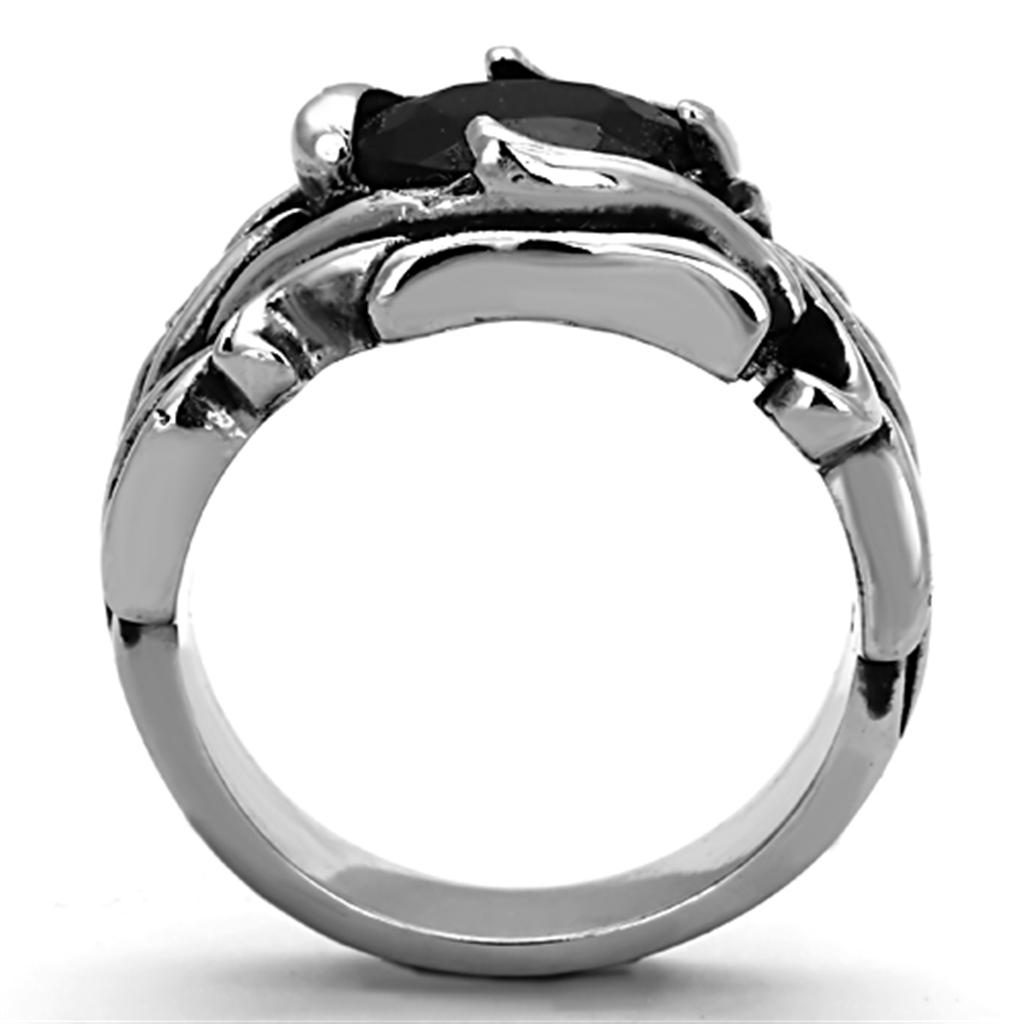 Men's stainless steel ring with synthetic glass, high polished finish, jet black color.