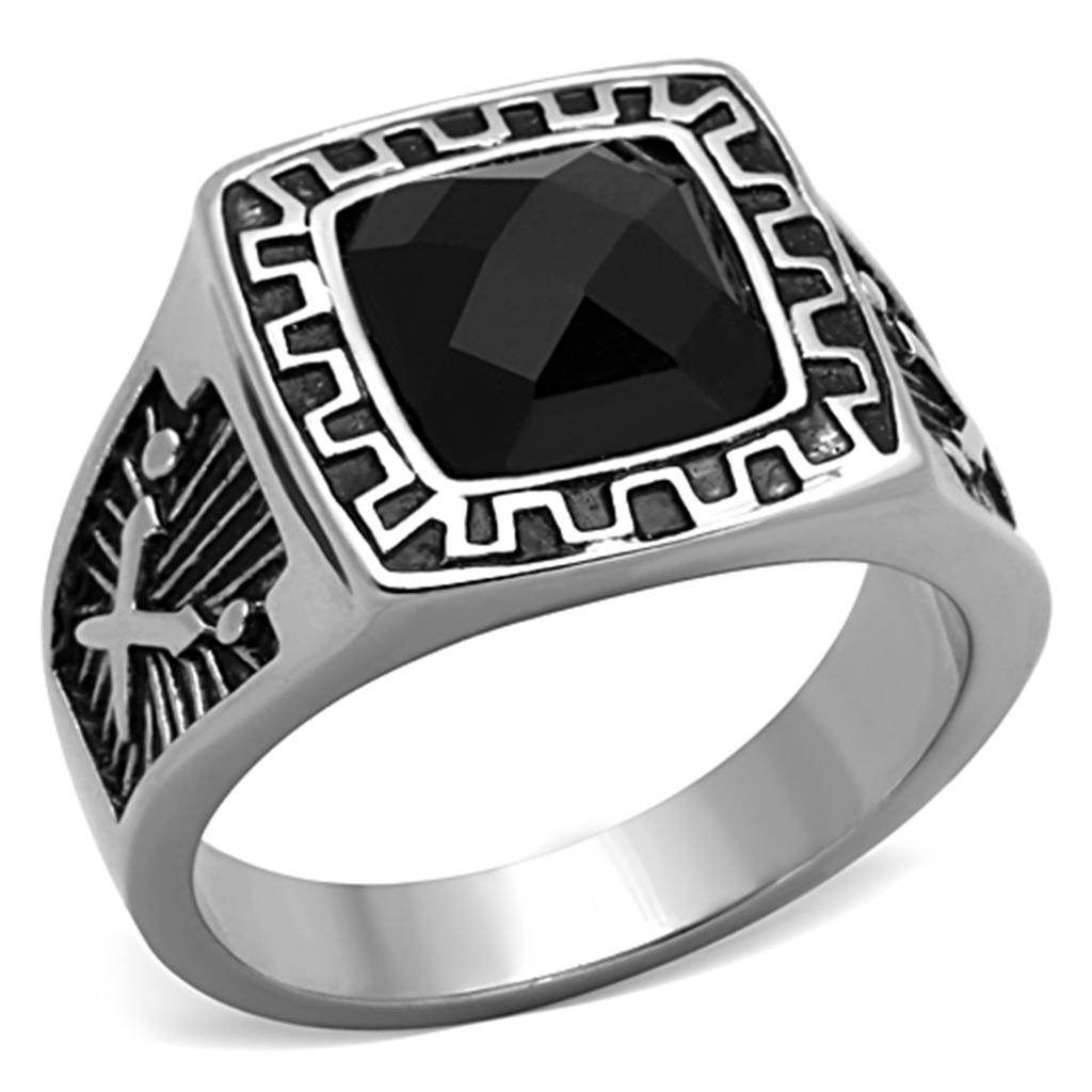 Men's stainless steel ring with synthetic jet glass, high-polished finish, modern design.