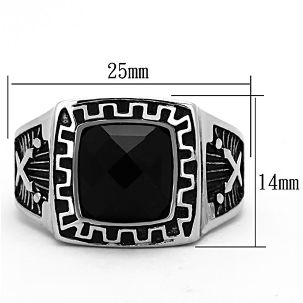 Men's stainless steel ring with synthetic jet glass, high-polished finish, modern design.