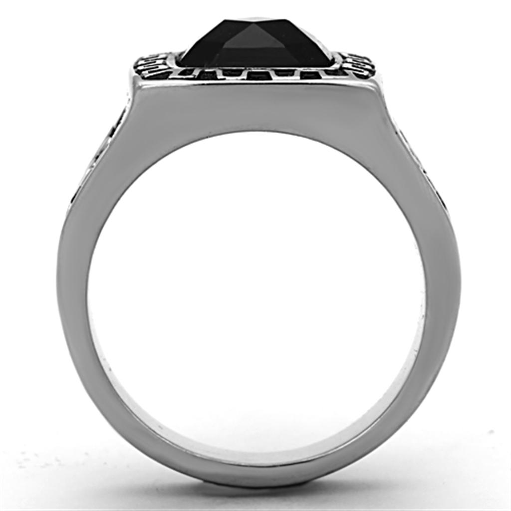 Men's stainless steel ring with synthetic jet glass, high-polished finish, modern design.