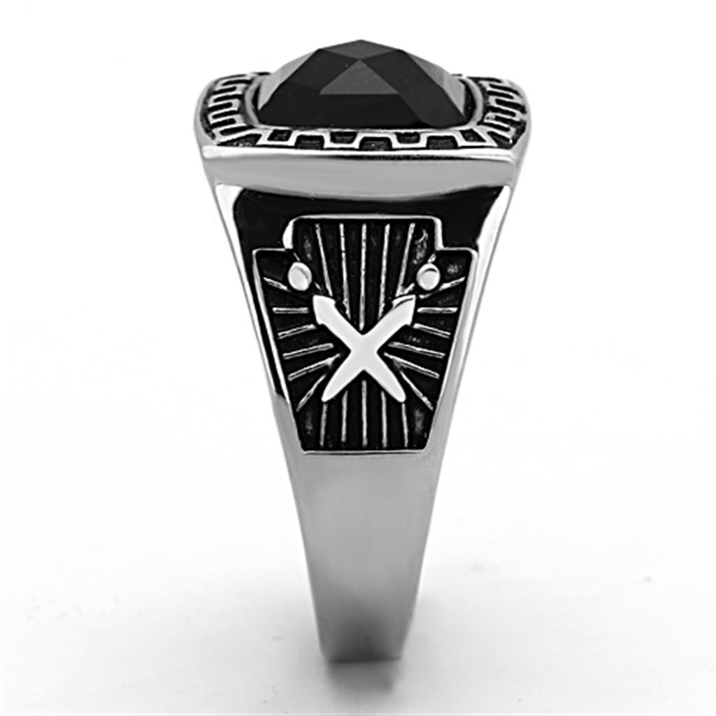 Men's stainless steel ring with synthetic jet glass, high-polished finish, modern design.