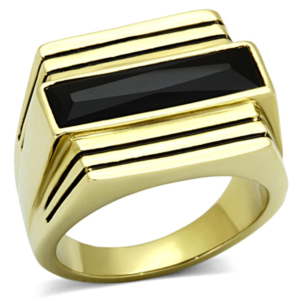 Men's stainless steel ring with synthetic jet glass centerpiece, featuring IP gold ion plating for a luxurious finish.