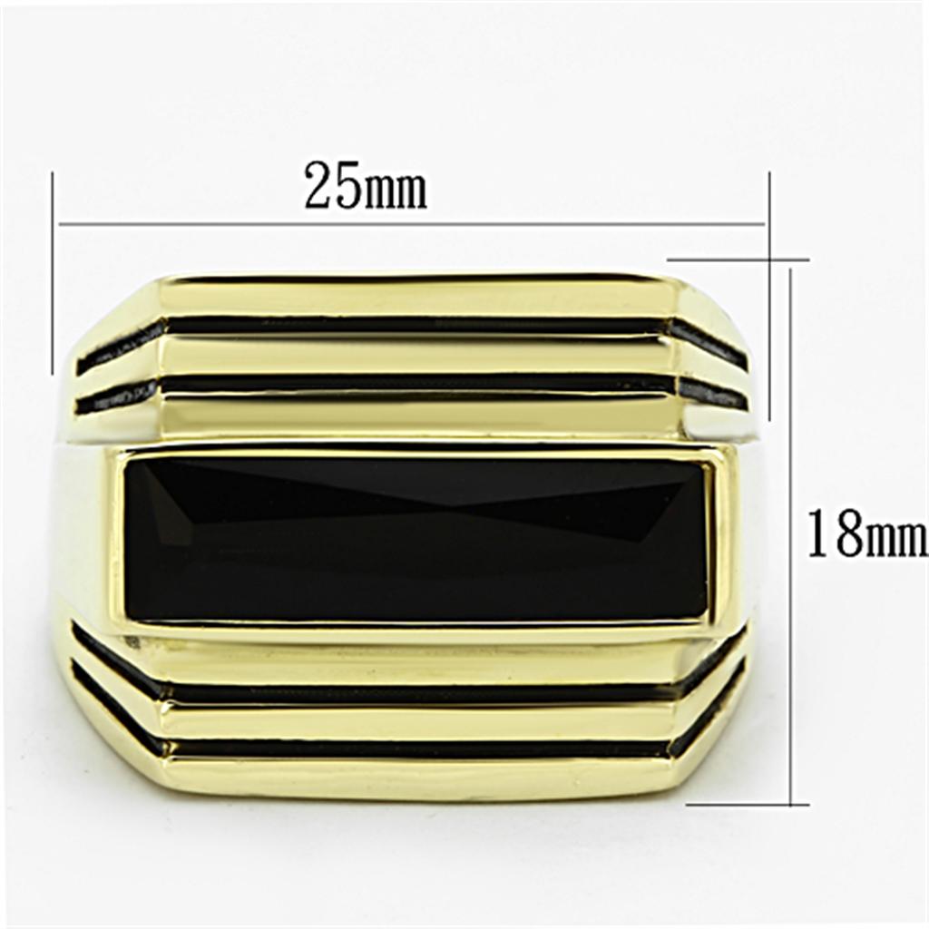 Men's stainless steel ring with synthetic jet glass centerpiece, featuring IP gold ion plating for a luxurious finish.