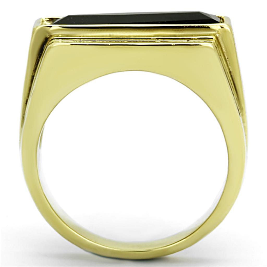 Men's stainless steel ring with synthetic jet glass centerpiece, featuring IP gold ion plating for a luxurious finish.