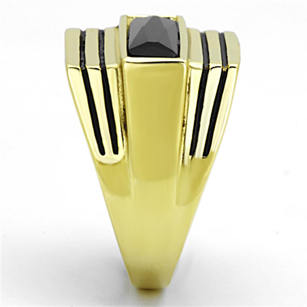 Men's stainless steel ring with synthetic jet glass centerpiece, featuring IP gold ion plating for a luxurious finish.