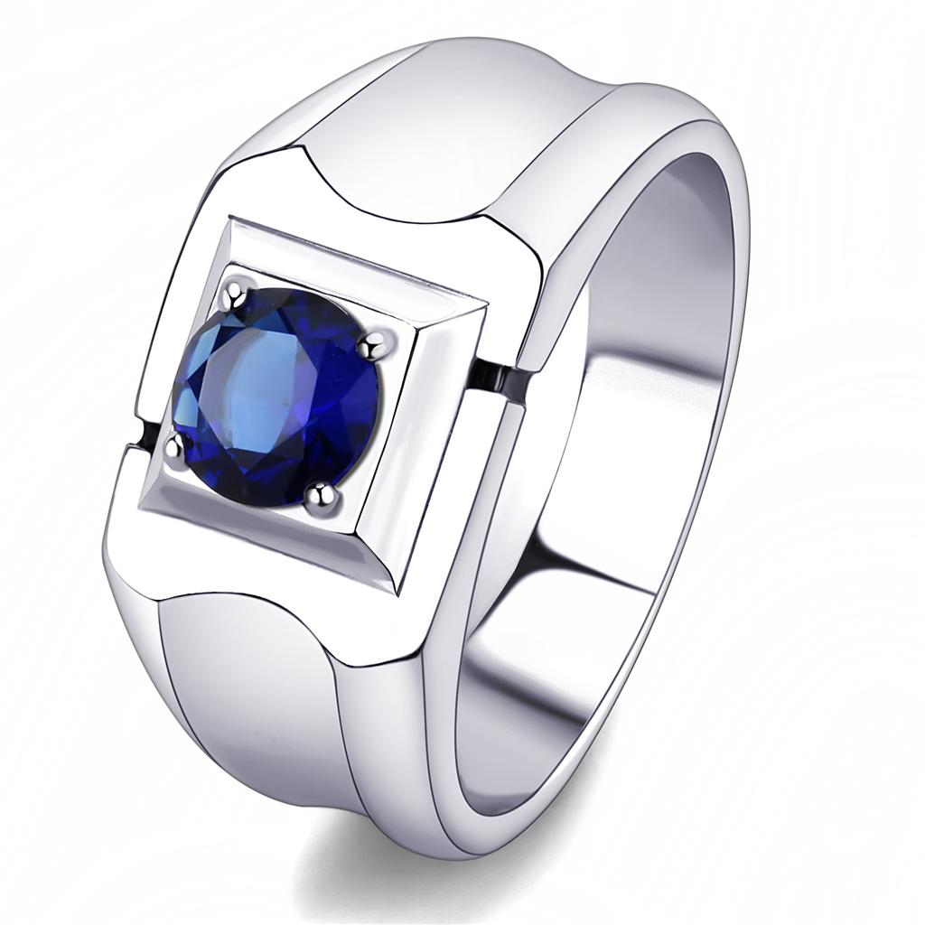 Men's stainless steel ring featuring synthetic Montana glass, high-polished finish, and round design.