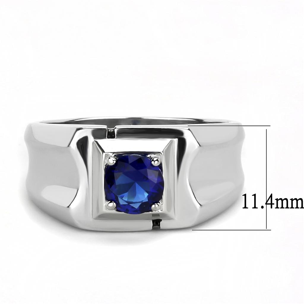 Men's stainless steel ring featuring synthetic Montana glass, high-polished finish, and round design.